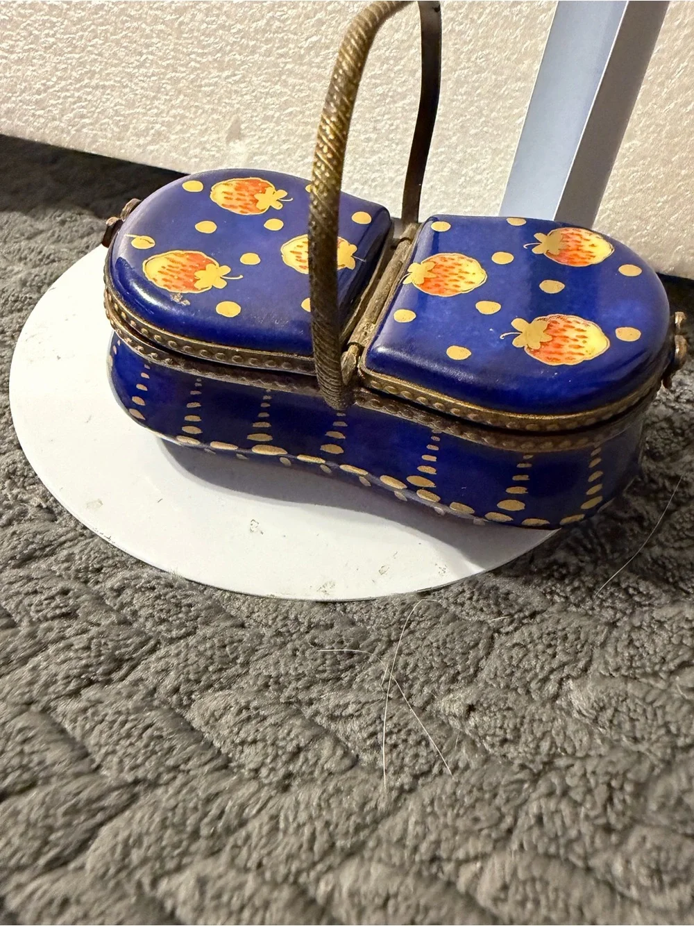 Limoges Blue Enamel Basket Cosmetic Box with Gold Accents